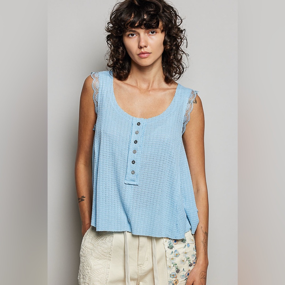 POL Textured Knit Round Neck Tank with Lace Detail